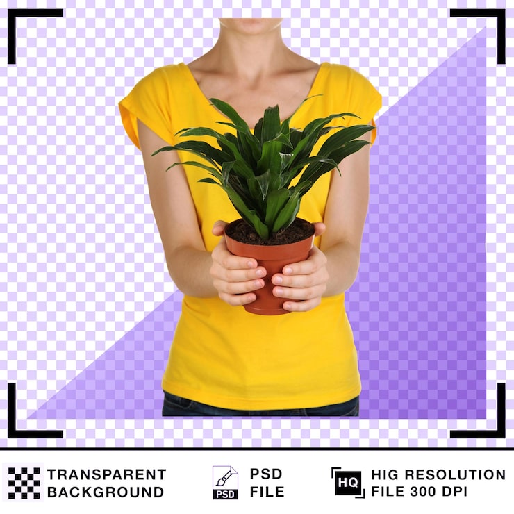 PSD mujer sosteniendo una planta de interior en maceta con una camisa amarilla