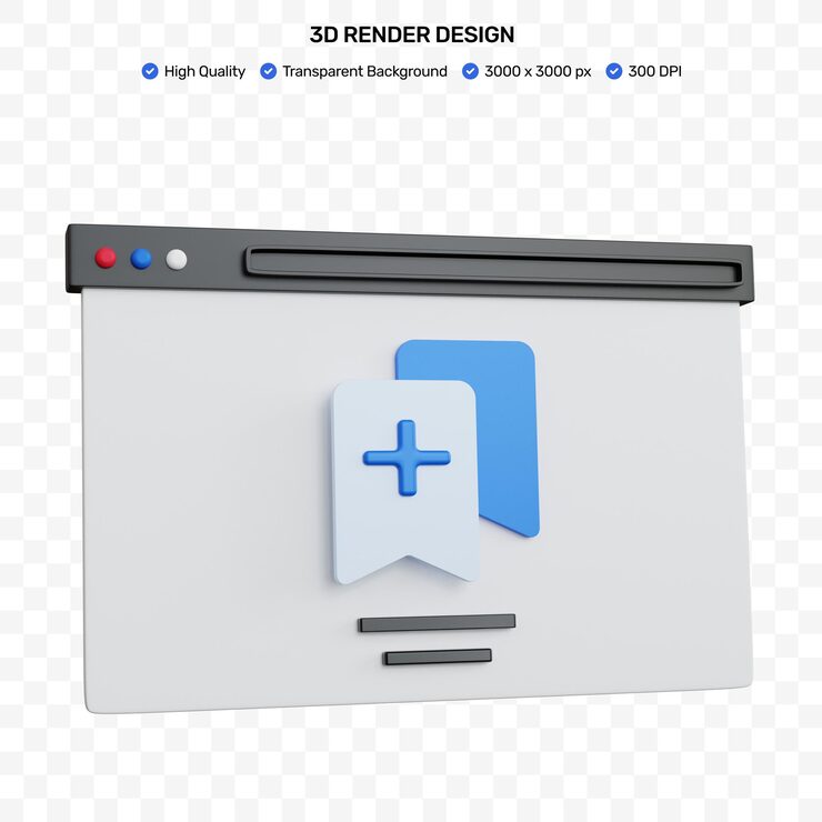 PSD navigateur web de rendu 3d avec icône ajouter un signet bleu isolé