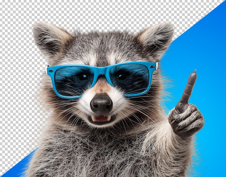 PSD niedlicher waschbär mit blauer sonnenbrille, der nach oben zeigt, auf transparentem hintergrund