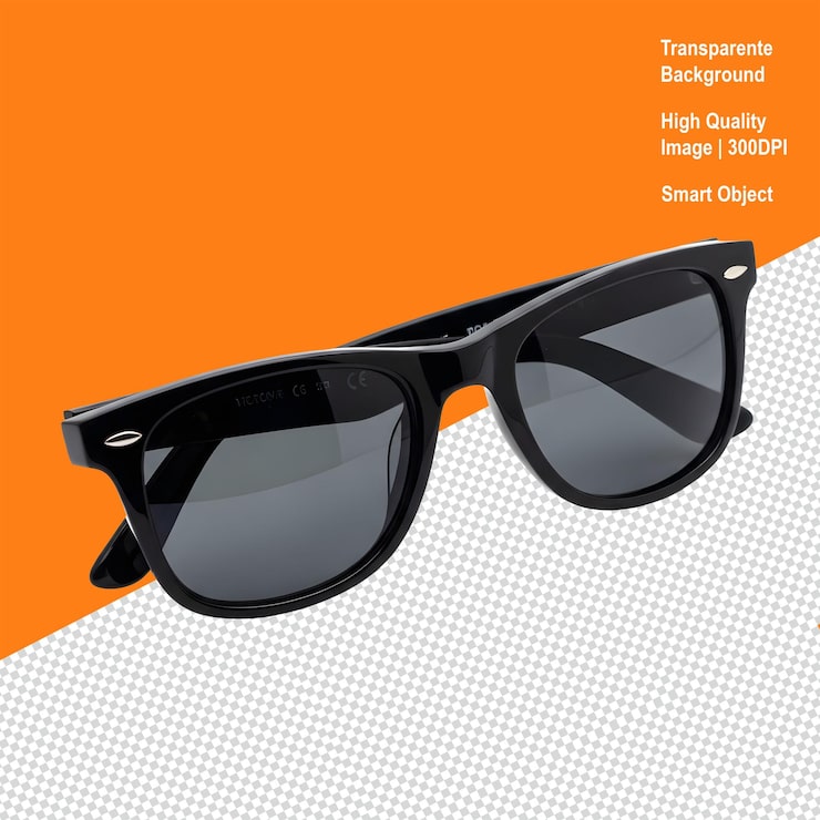 PSD óculos de sol pretos clássicos com lentes escuras e fundo transparente