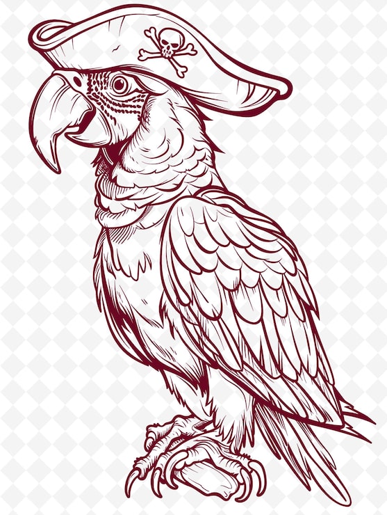 PSD papagaio guacamayo con un sombrero de pirata y un parche en el ojo que parece un animal travieso sketch art vector collections