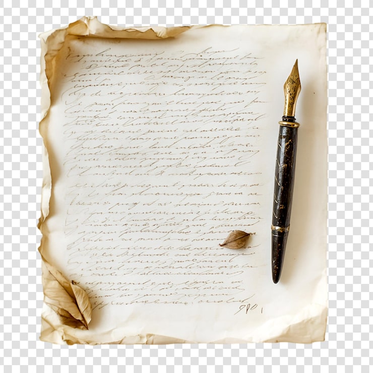 PSD un papier vieilli avec un manuscrit et un stylo à plume