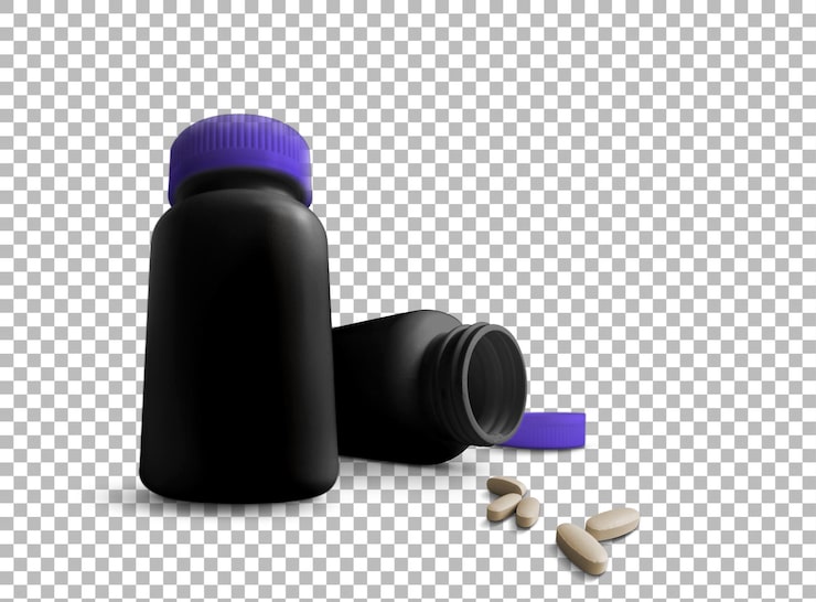 PSD un par de botellas negras con tapas moradas, una abierta junto con varias pastillas blancas, lo que sugiere un enfoque en la salud o la medicación