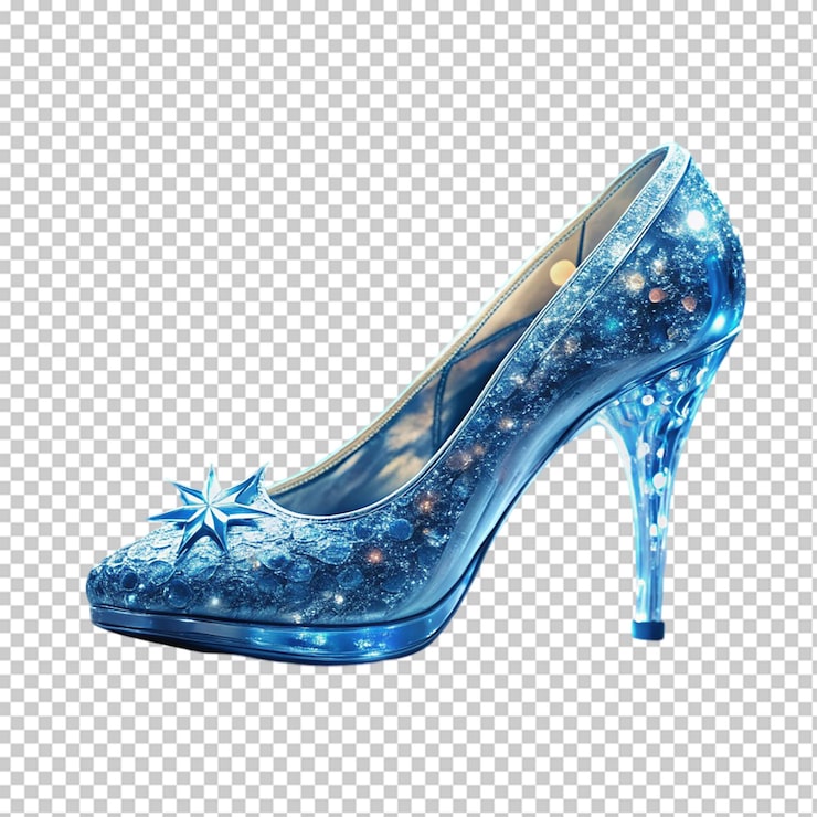 PSD un par de tacones altos brillantes con brillo azul y plateado en un fondo transparente