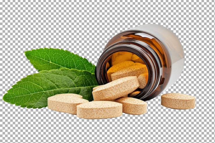 PSD pastillas herbáceas para el alivio de la menopausia aisladas sobre un fondo transparente