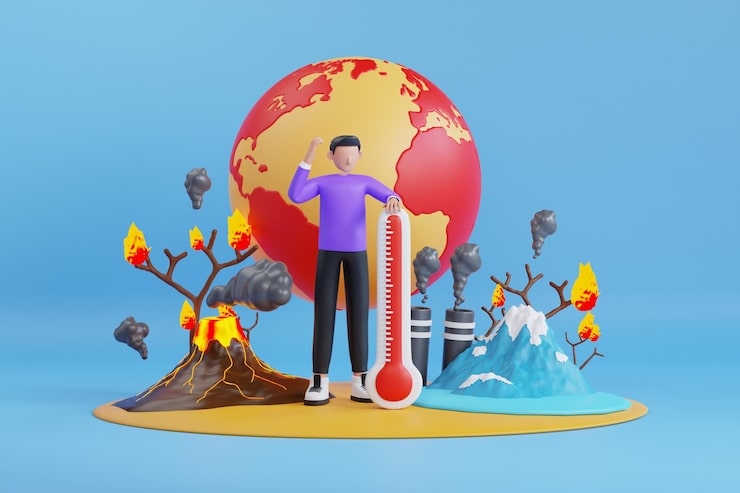 PSD pemanasan global ilustrasi 3d polusi lingkungan dampak pemanasan global kenaikan suhu