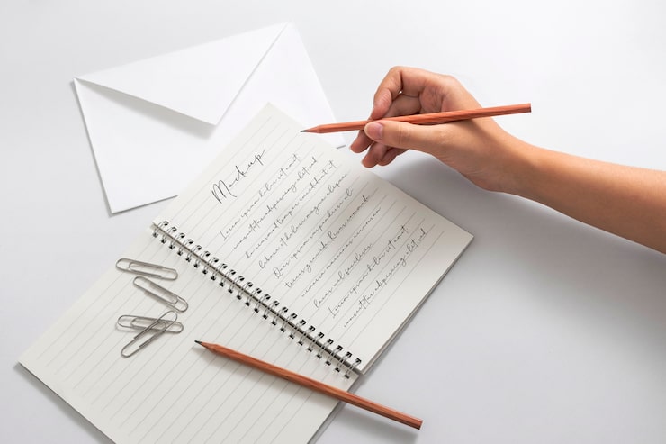 PSD pemandangan seseorang menulis di atas kertas dengan pensil