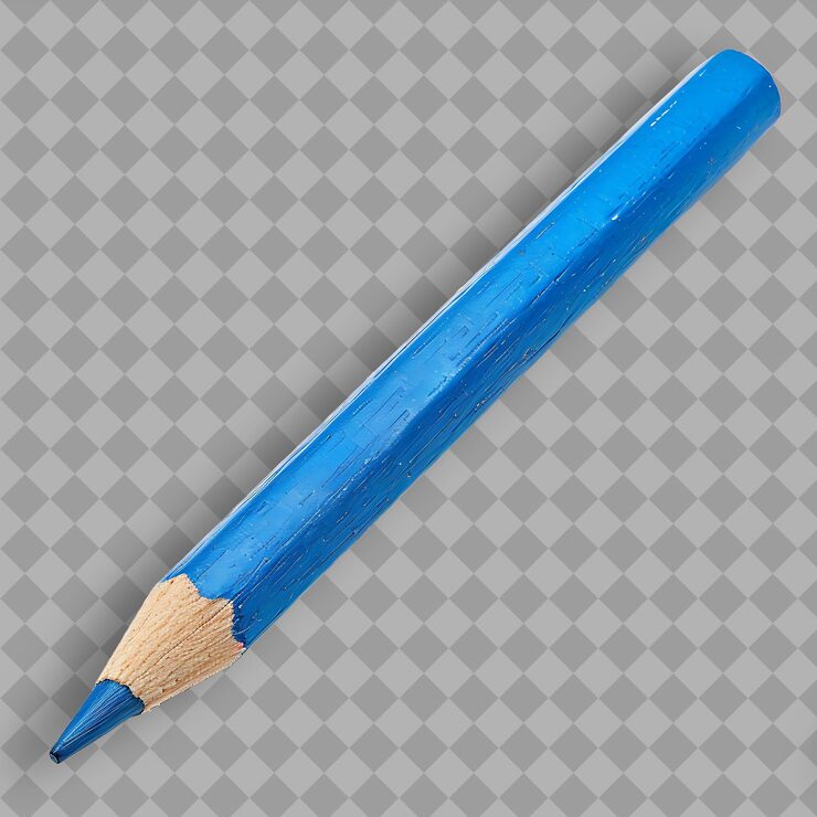 PSD pensil tukang kayu dengan badan kayu biru dan tanda putih objek terisolasi pada latar belakang bersih