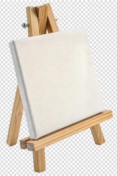 PSD pequeño caballete de artista de madera con lienzo blanco vacío aislado