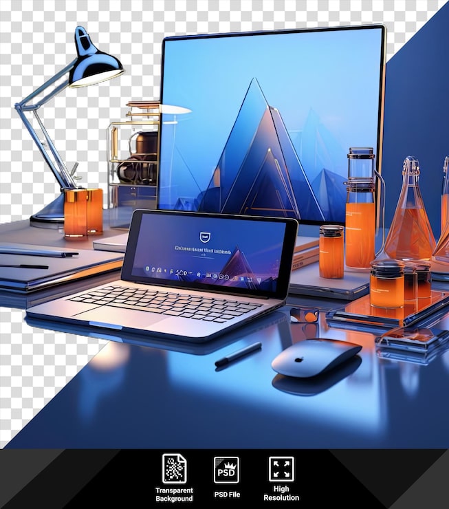 PSD perfecto de una configuración de escritorio con un ordenador portátil plateado teclado negro y ratón blanco en una mesa azul iluminado por una lámpara de plata contra una pared azul