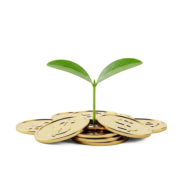 PSD una planta verde creciendo de una pila de monedas de oro sobre un fondo png transparente