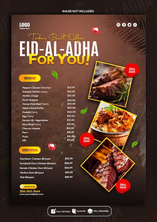 PSD plantilla de diseño de cartel del menú de comida especial de eid al adha