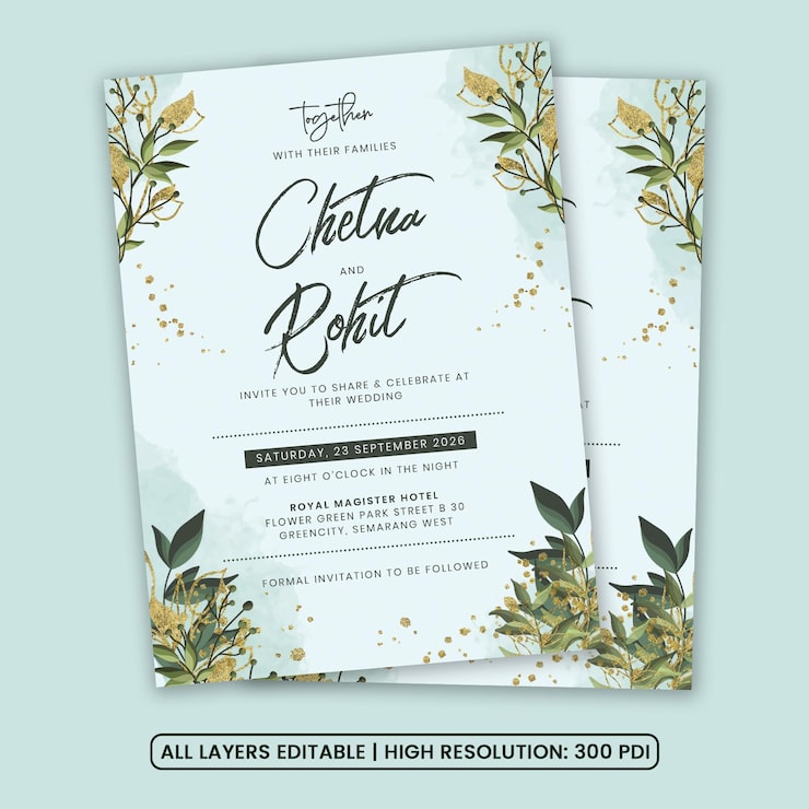 PSD plantilla de invitación de boda con follaje y detalles dorados.