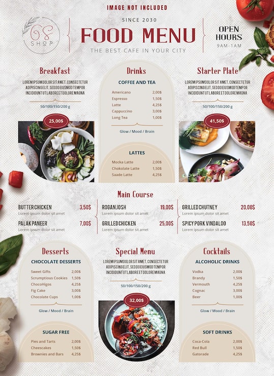 PSD plantilla de menú de comida para cafetería y restaurante con diseño de plantilla de folleto