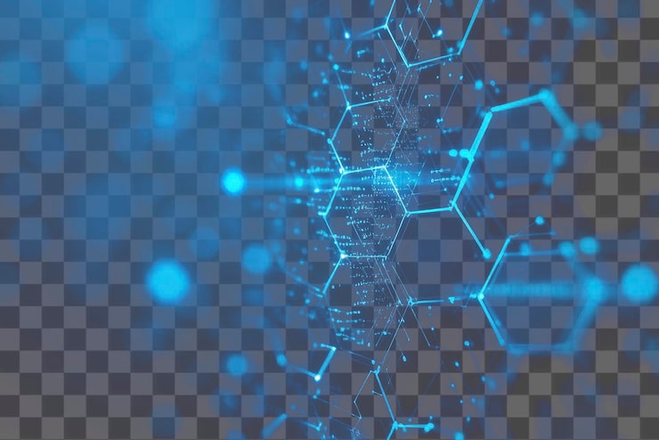 PSD png fundo azul com hexágonos e conexões digitais luz de tecnologia futurista