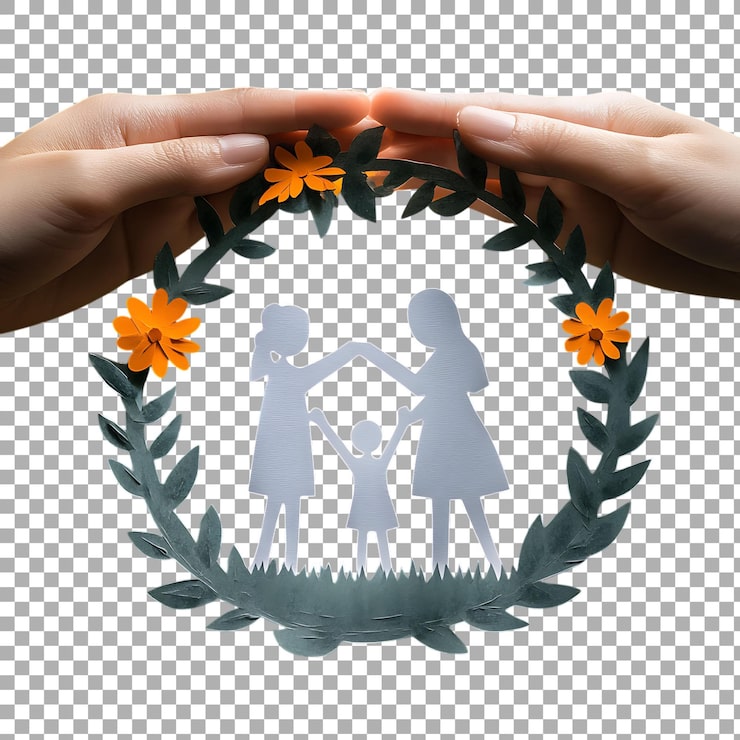 PSD png handschutz-papier-schnitt familienfigur im gesundheitswesen konzept auf durchsichtigem hintergrund