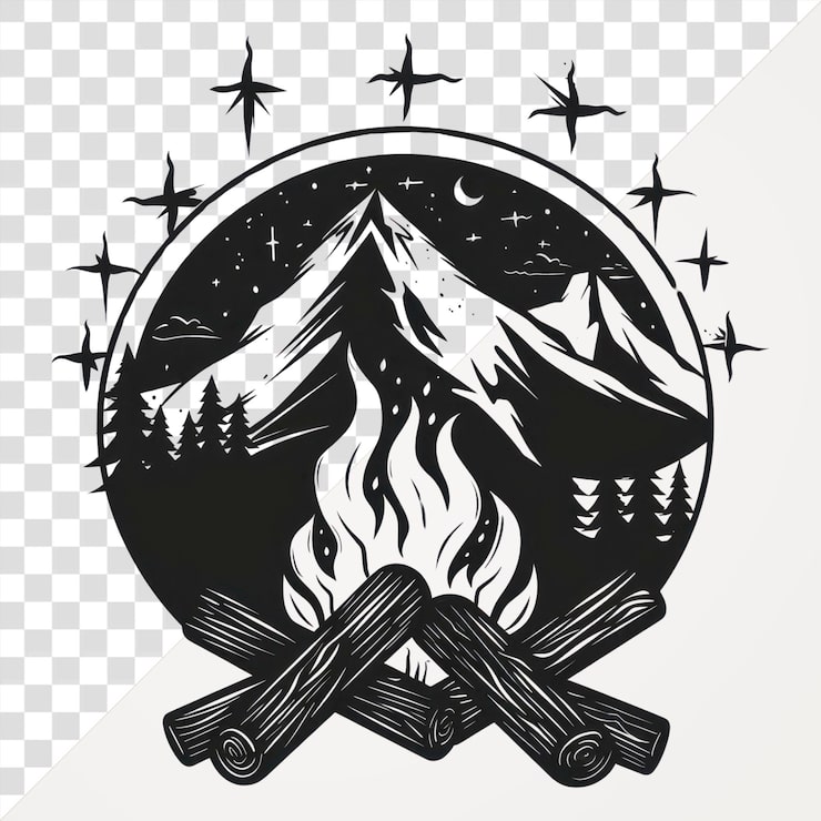 PSD png lagerfeuer tätowierung flache illustration tafel tierschild