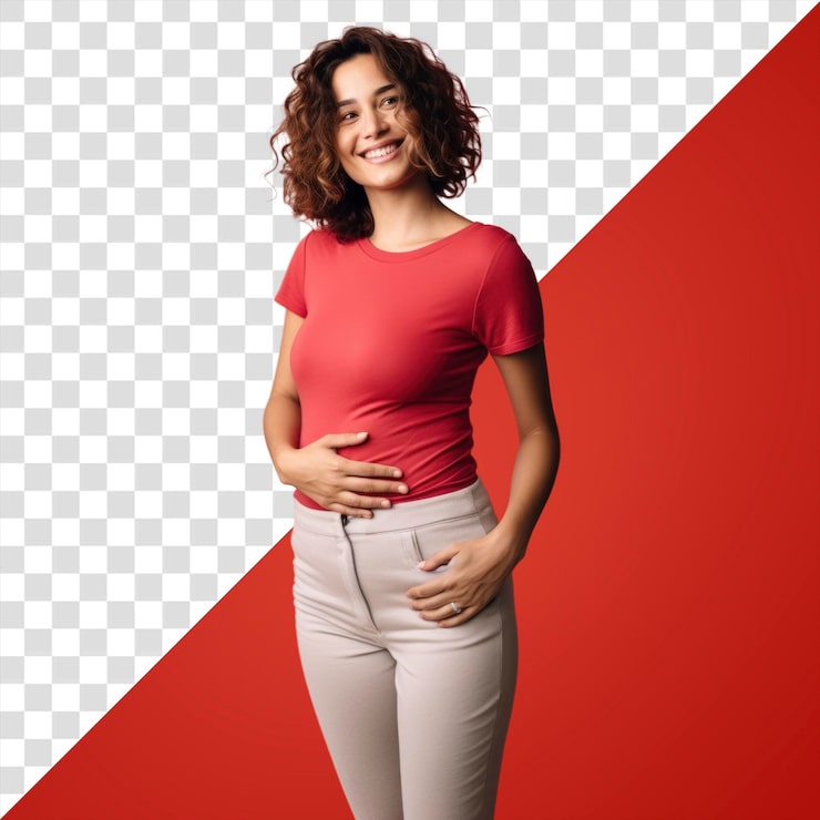 PSD png mujer feliz tocando su vientre sonrisa de la manga del retrato