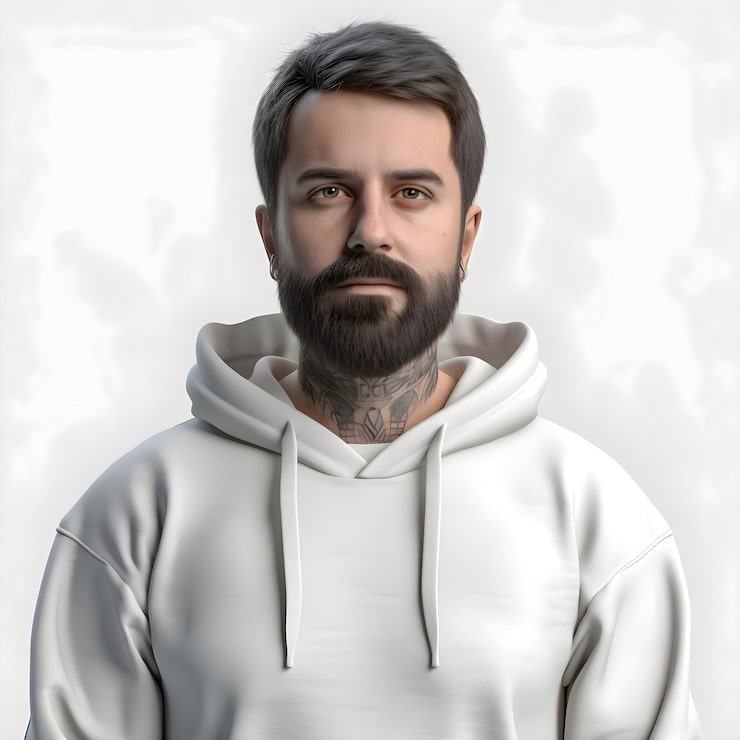 PSD porträt eines bärtigen mannes in einem weißen hoodie 3d-rendering