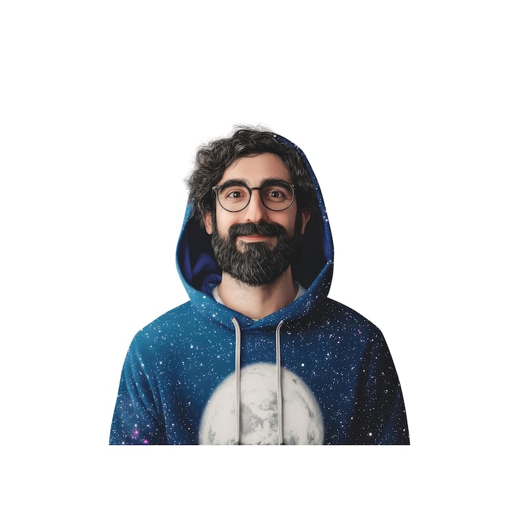 PSD porträt eines jungen mannes mit bart, der einen galaxy-print-hoodie trägt