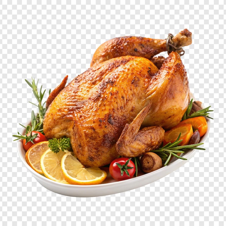 PSD poulet de dinde entier avec une assiette de légumes et un citron