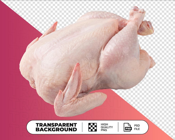 PSD poulet entier cru frais sur fond transparent