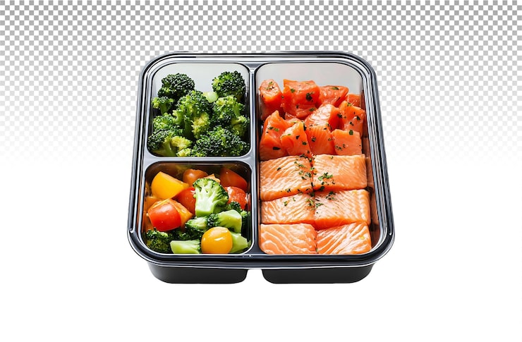 PSD preparação de refeições deliciosas e saudáveis de salmão, brócolis e tomate em um recipiente conveniente