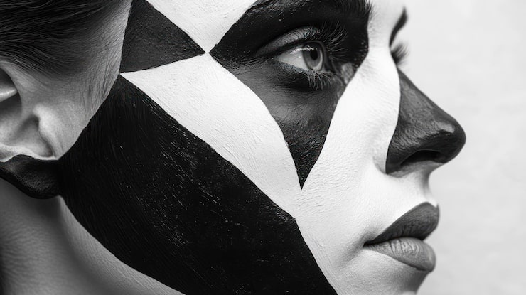 PSD primer plano de la cara de una mujer con maquillaje geométrico en blanco y negro