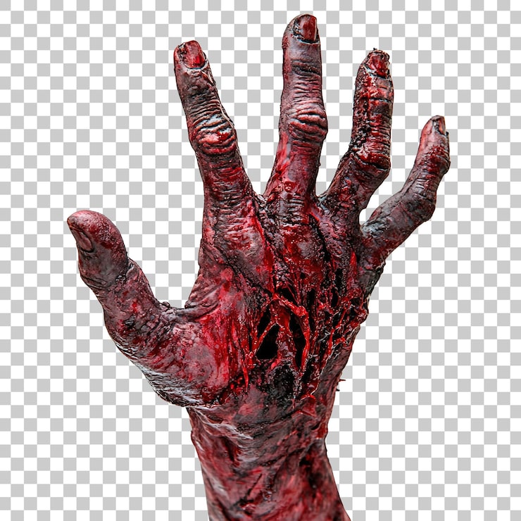 PSD un primer plano intenso de la mano con sangre roja aislada sobre un fondo blanco