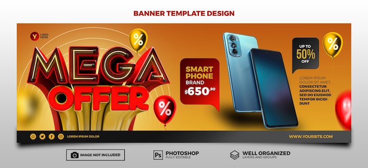 PSD psd banner mega offer 3d render carimbo isolado em fundo transparente em português até 50 de desconto