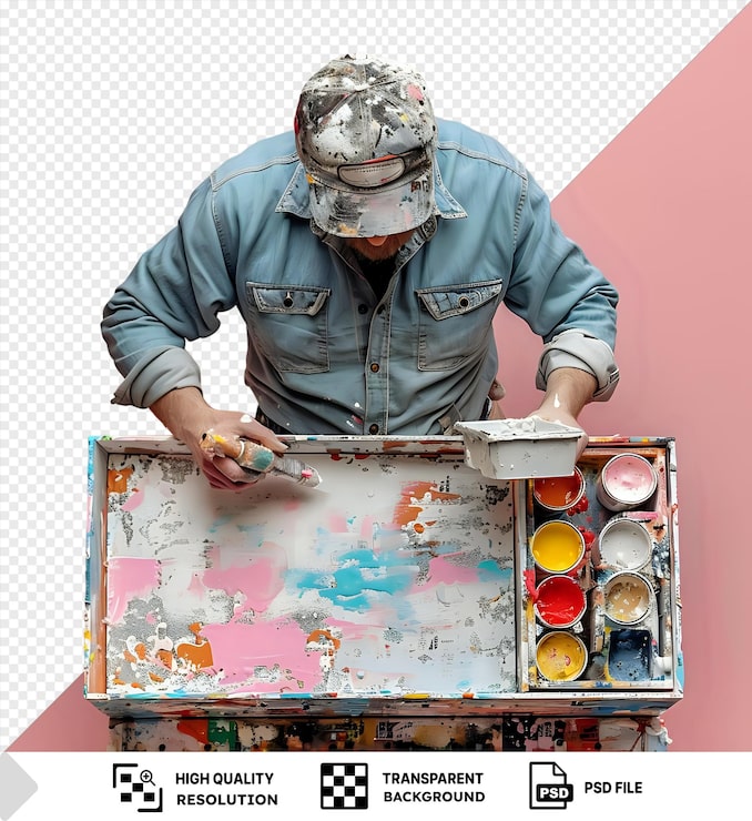 PSD psd fondo transparente enfocado artesano aplicando una capa de pintura a la caja png psd