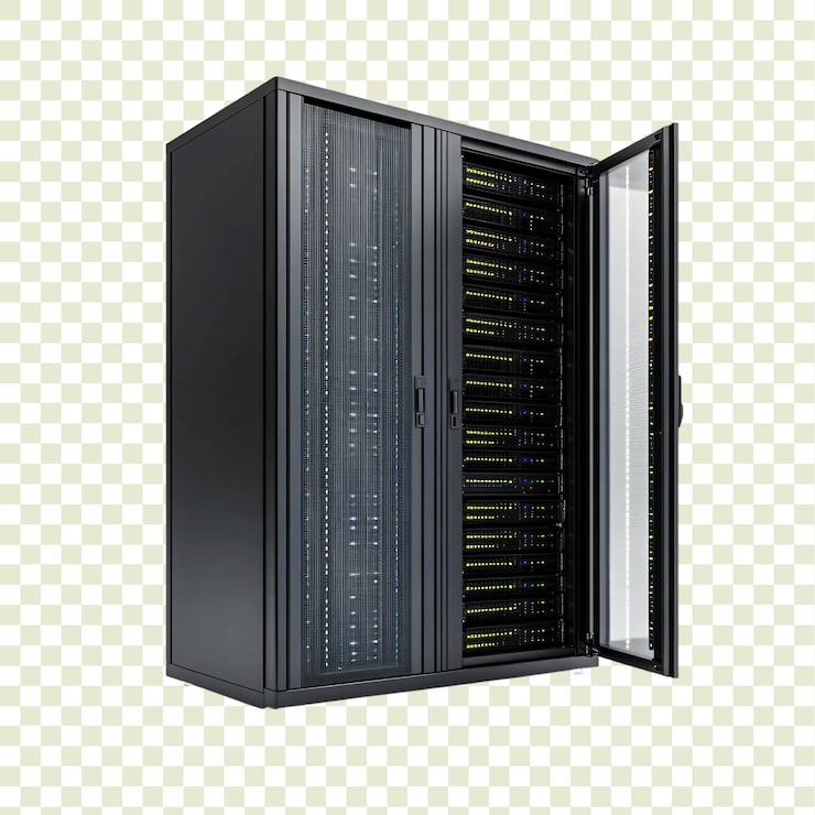 PSD el rack del servidor en el centro de datos en un fondo transparente