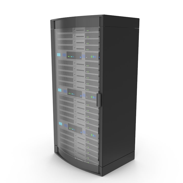 PSD rack de servidor negro con equipo de centro de datos