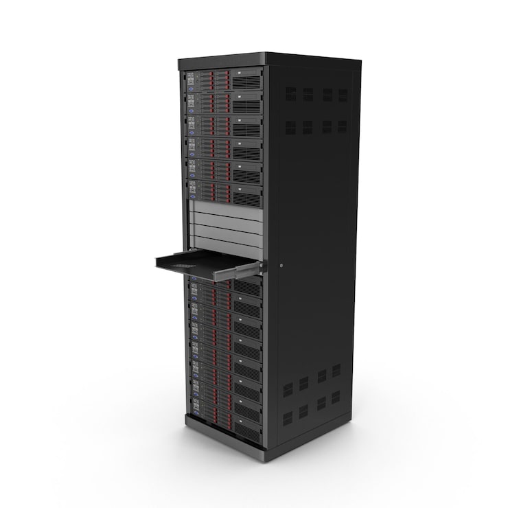 PSD rack de servidor negro con múltiples unidades y bandeja extraíble