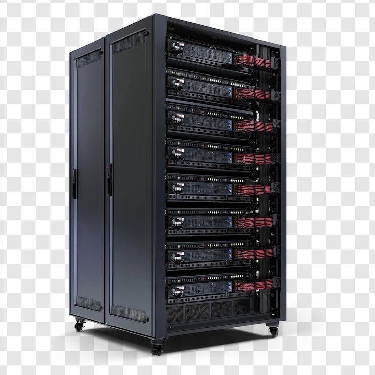 PSD rack de servidores con múltiples ranuras y características de refrigeración aisladas en un fondo transparente