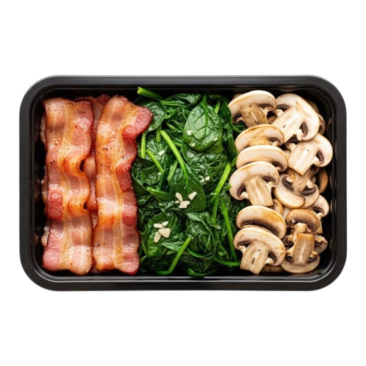 PSD refeição keto pré-preparada: bacon, espinafre e cogumelos em recipiente.