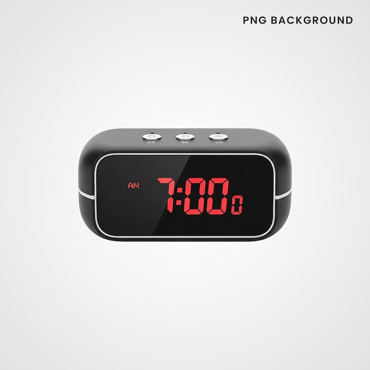 PSD reloj despertador digital negro mostrando las 7 am