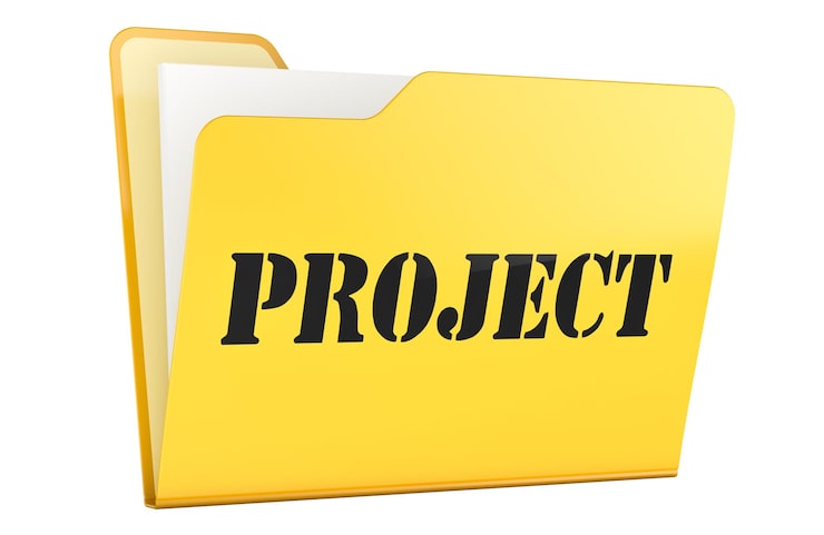 PSD rendering 3d di una cartella gialla di progetto con documenti