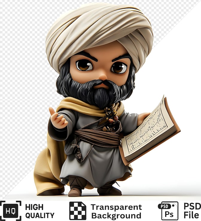 PSD rendering 3d d'un homme de dessin animé avec une barbe portant des vêtements traditionnels tenant un livre isolé sur un fond transparent