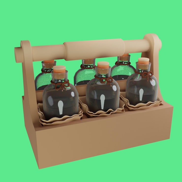 PSD renderização 3d de garrafas de embalagem de madeira