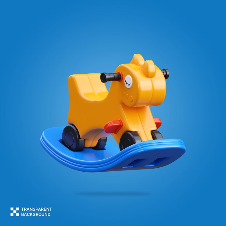 PSD renderização psd 3d de um cavalo de balanço com um fundo azul
