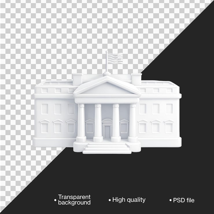 PSD renderizado 3d de un icono de edificio gubernamental blanco simbolizando democracia, ley y poder político