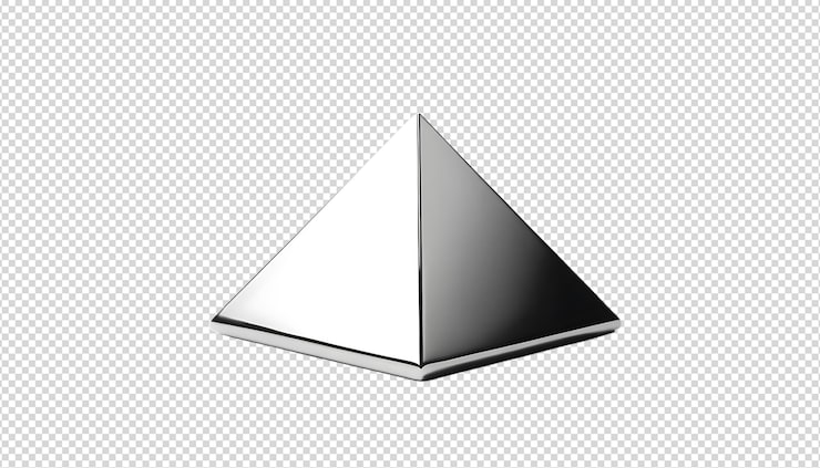 PSD renderizado de una pirámide metálica brillante sobre un fondo transparente