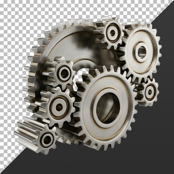 PSD rendu 3d d'un mécanisme d'engrenages métalliques imbriqués
