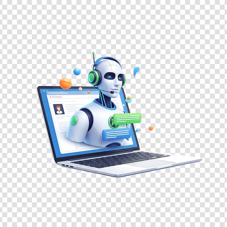 PSD robô de atendimento ao cliente de ia emergindo da tela do laptop
