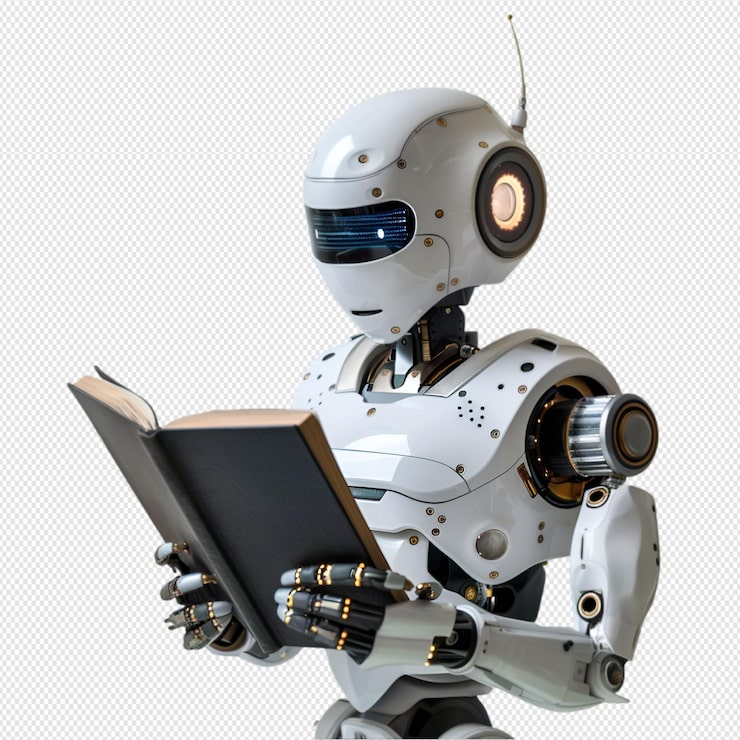 PSD el robot está leyendo un libro sobre un fondo blanco