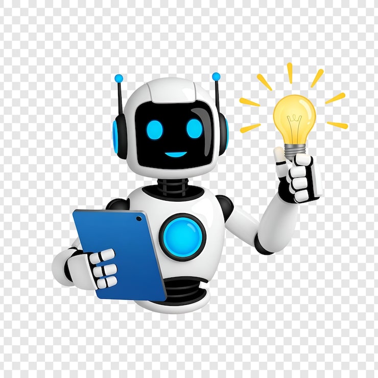 PSD robot de ia con una idea brillante y una tableta digital