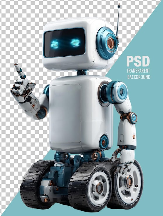 PSD robot con ruedas, con antena y ojos brillantes, aislado sobre fondo transparente.