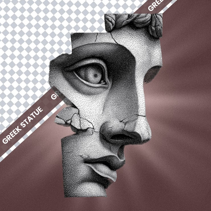 PSD rostro de estatua griega fragmentado con textura de punteado