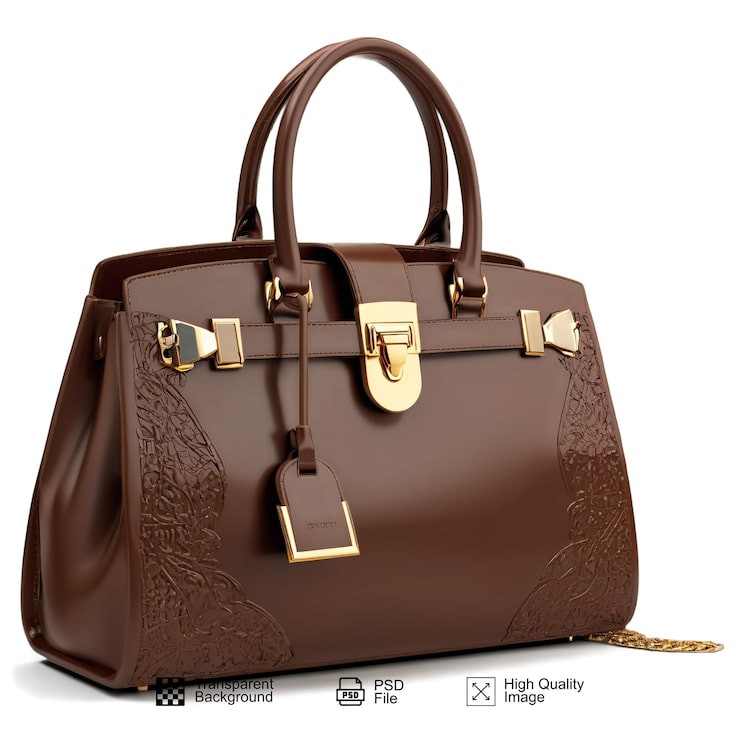 PSD sac en cuir brun avec garniture dorée et fond transparent